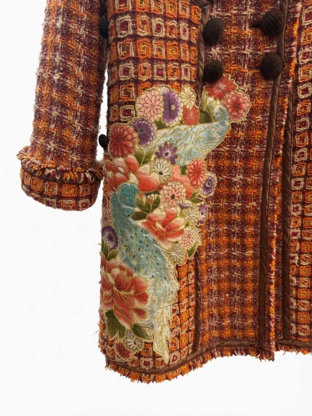 Embroidered Orange Tweed Trench Coat with Floral Detail - Picture 2 of 8